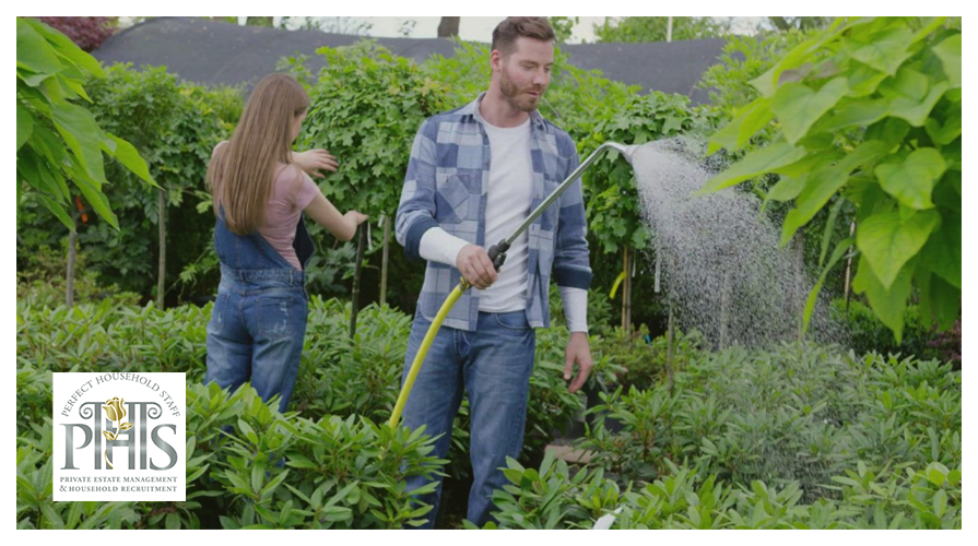 Gardener watering the garden, a key task in gardener jobs Macclesfield