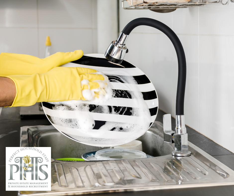 Housekeeper washing dishes efficiently, demonstrating time-saving cleaning tips and effective housekeeping time management