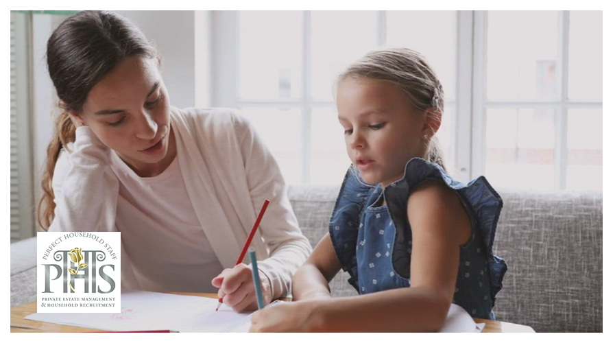 Professional Spanish nanny helping child with homework, highlighting nurturing care in a London Spanish nanny jobs